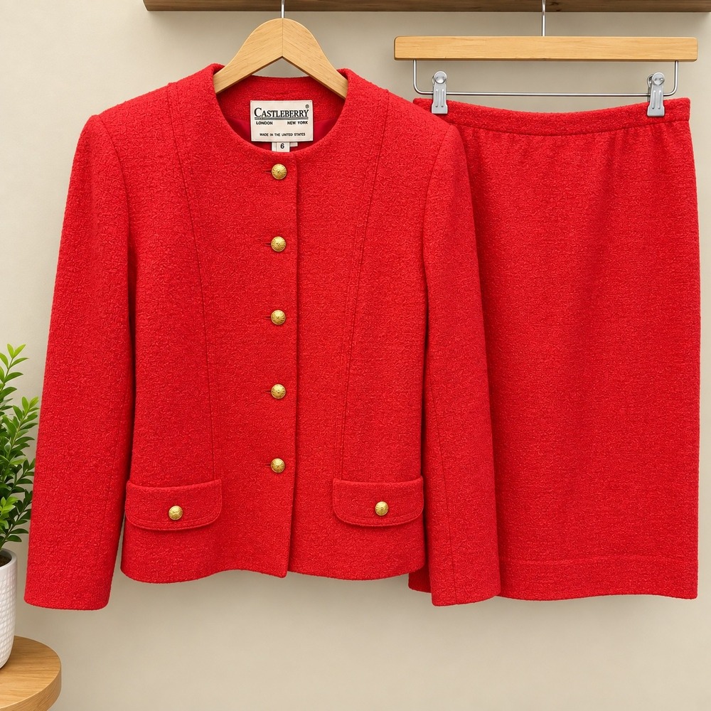 VTG Castleberry Knit Skirt Suit Set Gold Buttons Size 6 Made in USA Career Chic